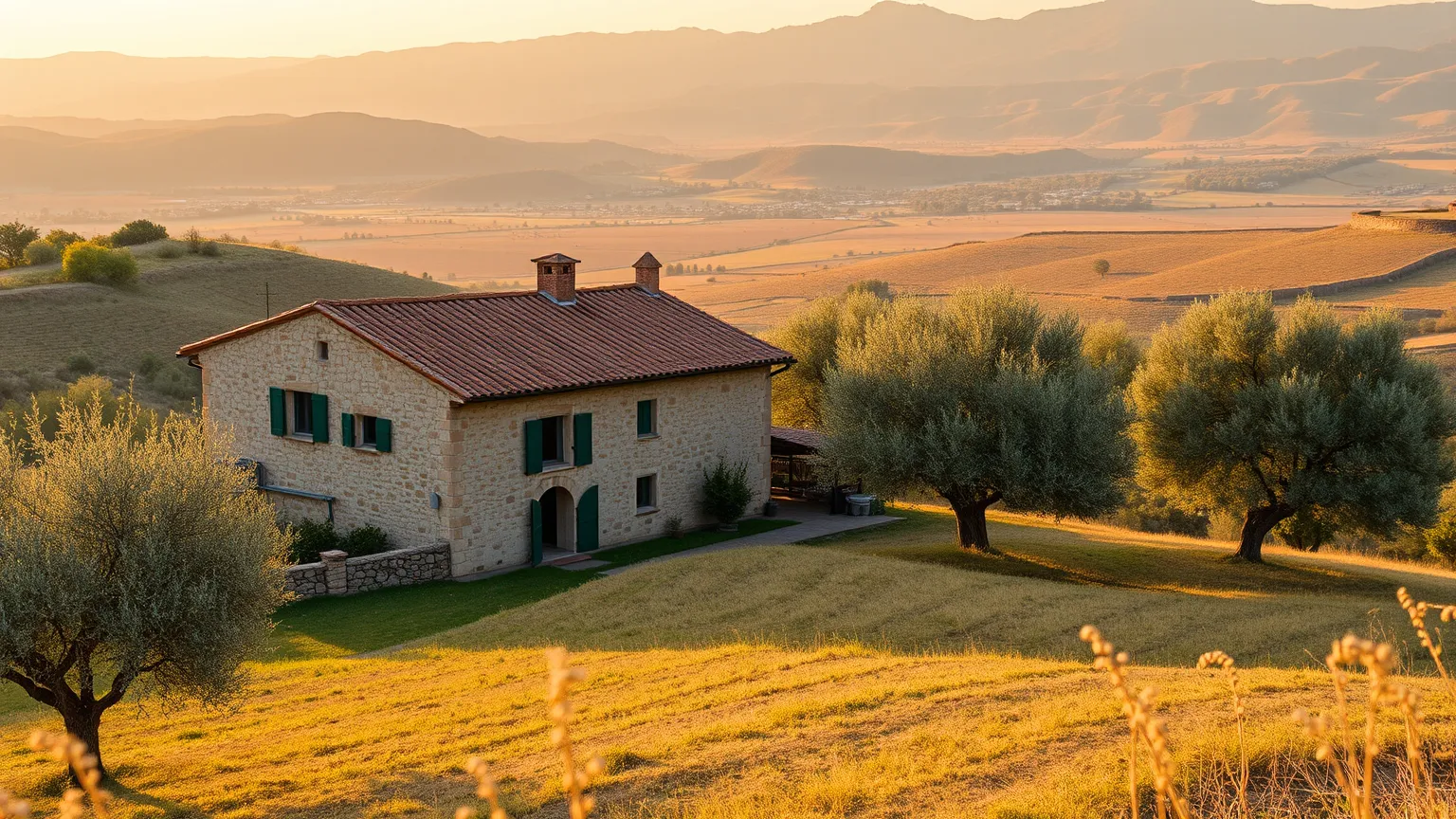 The stone farmhouse among olive trees at dusk, vineyards and hills behind