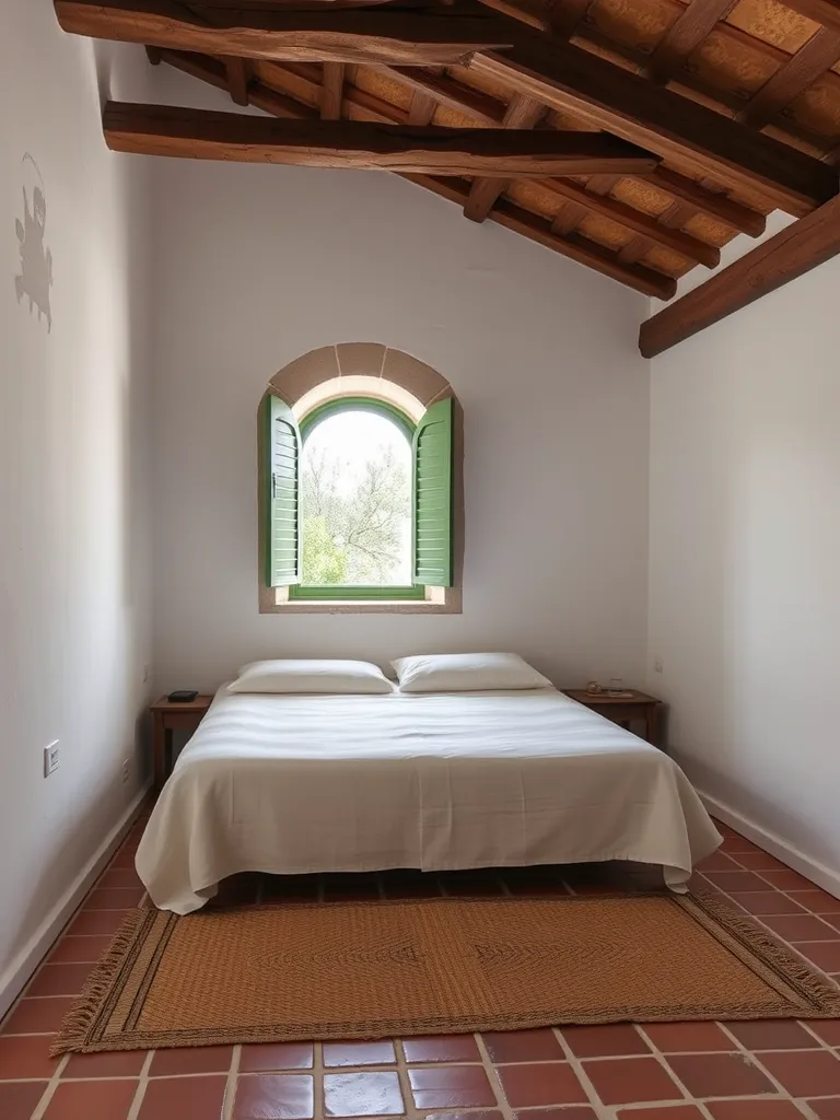 Bedroom with whitewashed walls, wooden beams and an arched window onto olive trees