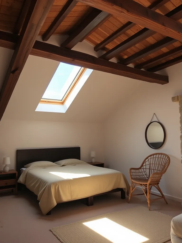 Attic bedroom under sloping beams with a skylight