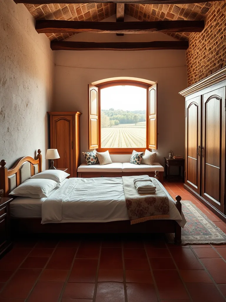 Family bedroom with a double and a single bed and a window seat over the vineyards