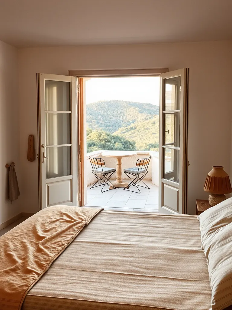 Bedroom with glass doors open onto a small stone terrace with two chairs