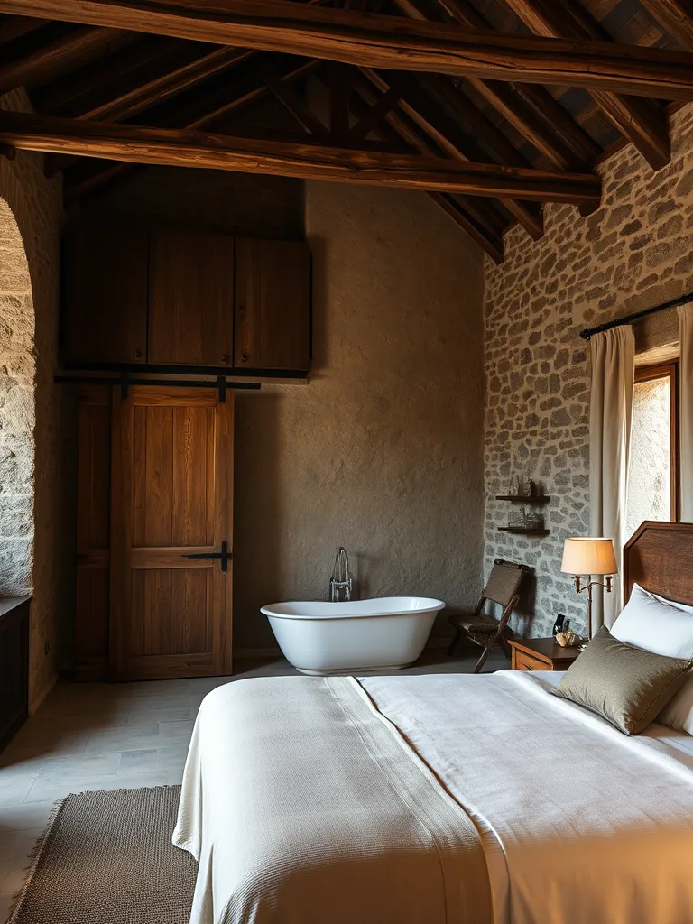Suite in a former stone barn with a freestanding bathtub near the bed