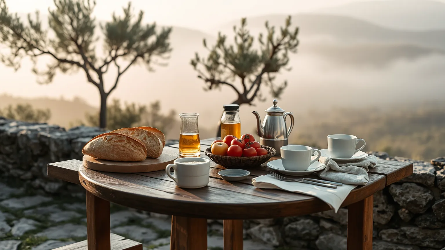 Breakfast on a stone terrace with bread, tomatoes, oil and coffee, a misty valley behind