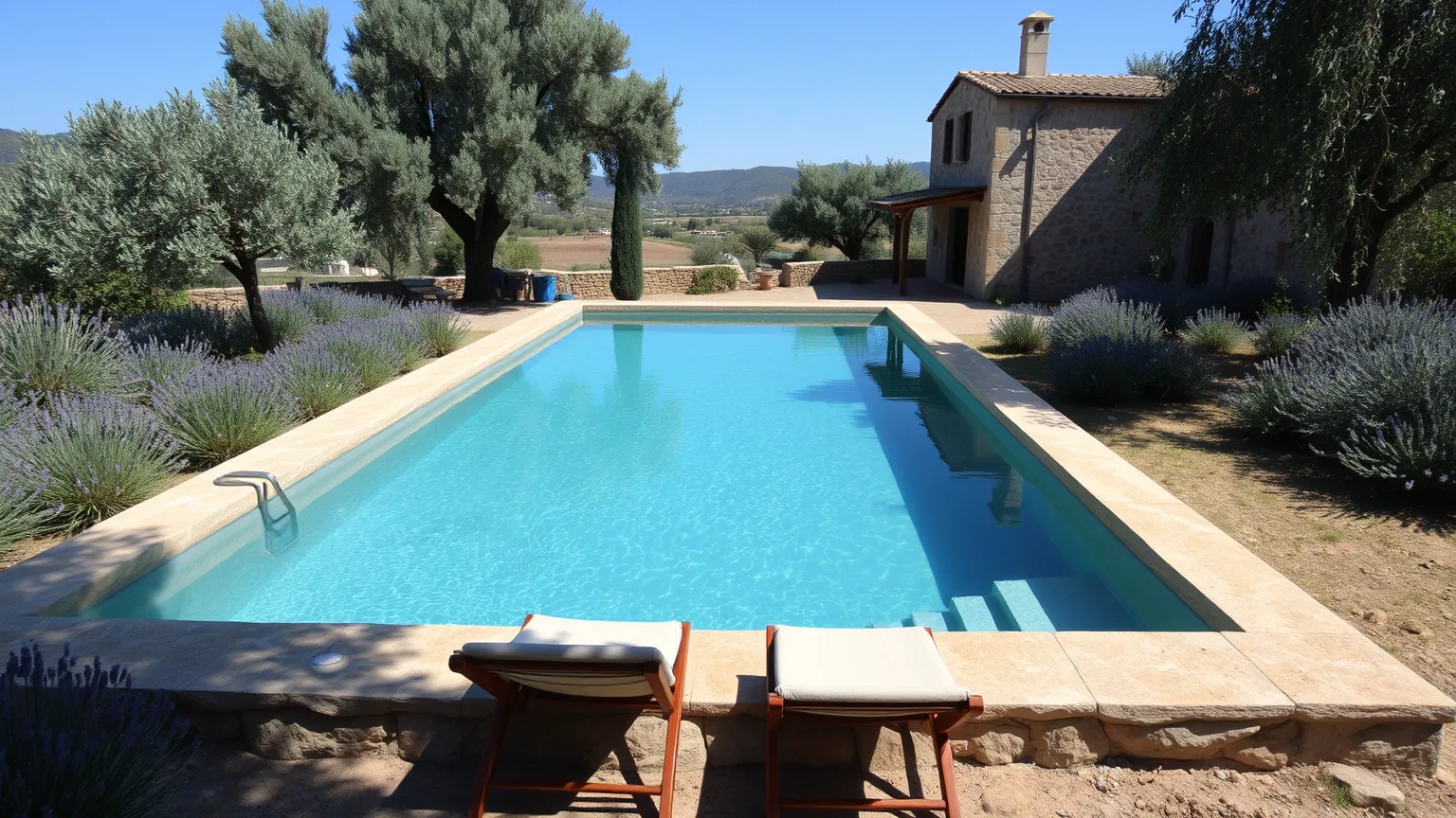 A small pool among olive trees and lavender beside the house at midday