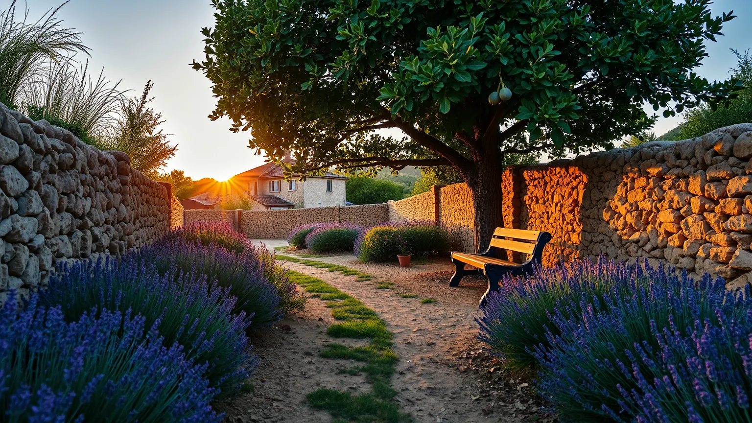 A garden path between dry stone walls and lavender, a bench under a fig tree, late light