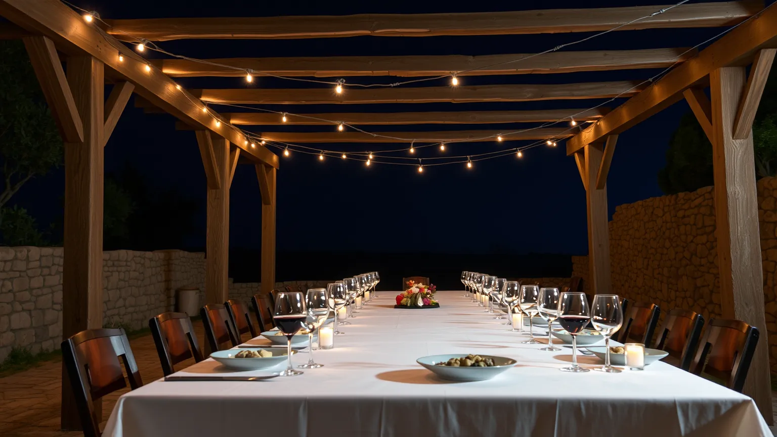 A long dinner table under a pergola with string lights and candles at night